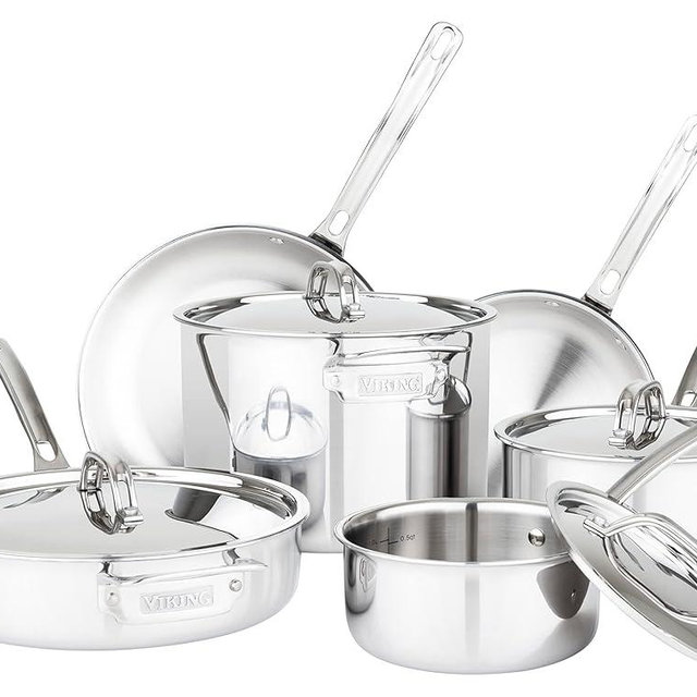 Viking Culinary 3-Ply Stainless Steel Cookware Set with Metal Lids, 10 Piece, Dishwasher, Oven Safe, Works on All Cooktops including Induction