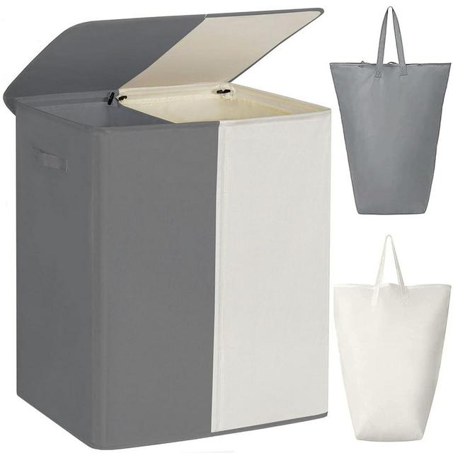 WOWLIVE Double Laundry Baseket with Lid and Removable Laundry Bags,154L Large Laundry Hamper 2 Section Collapsible Dirty Clothes Hamper for Laundry Room,College Dorm,Bathroom,Grey and Beige