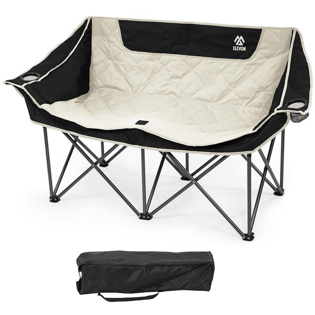 Elevon Camping Chair, Oversized Loveseat Double 2 Person Outdoor Chair with Arms, Cup Holder and Carry Bag, Heavy-Duty Collapsible Chair for Outside,Black/White
