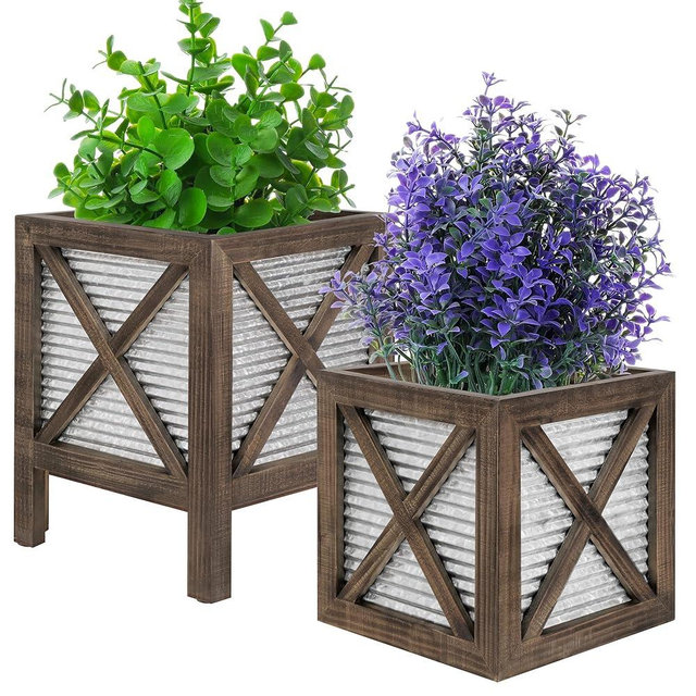Autumn Alley Rustic Farmhouse Planter Stand with Galvanized Corrrugated Metal – Rustic Planters for Indoor Plants – Wood Square Planter Box on Legs – Charming Farmhouse Decor