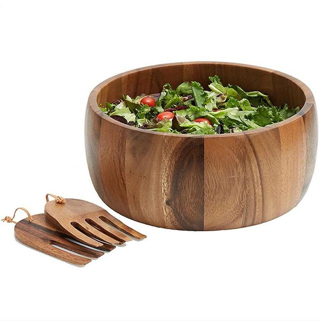Woodard & Charles Acaica Wood 12" x 5" Serving Bowl Set with Serving Hands, 3 Piece Set