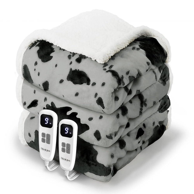 blunique Heated Blanket King Blanket - Fast Heating Electric Blanket, Soft Flannel Heated King with 4 Time Settings,10 Heating Settings, Warm Gifts for Women & Mom & Grandma(90"x100"Cow Print Grey)
