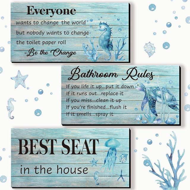 3 Pieces Bathroom Wall Decor Teal Bathroom Rules Sea Turtle Wall Art Funny Ocean Beach Bathroom Rules Signs Best Seat in The House Bathroom Sign for Bathroom Toilet Wall Decor (Teal Turtle 10x5 inch)