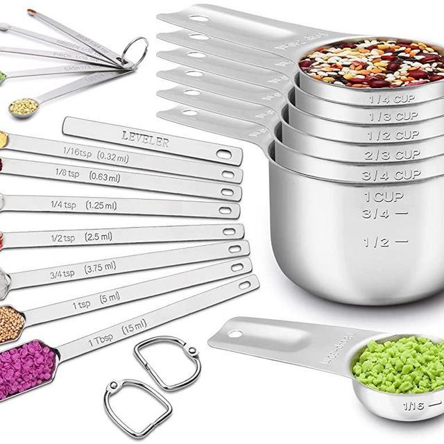 Measuring Cups and Spoons Set, 7 Stainless Steel Nesting Measuring Cups & 7 Spoons, 1 + Leveler & 5 Mini Measuring Spoons, Kitchen Measuring Spoons and Cups for Cooking & Baking, Set of 20