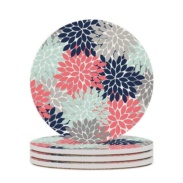 Set of 4 Absorbent Round Coasters for Drinks 4"- Ceramic Stone Cup Mat Water Absorb Spill Coaster with Non-Slip Cork Base for Mugs and Cups - Flower Burst Petals Floral Pattern Navy Coral Mint Gray