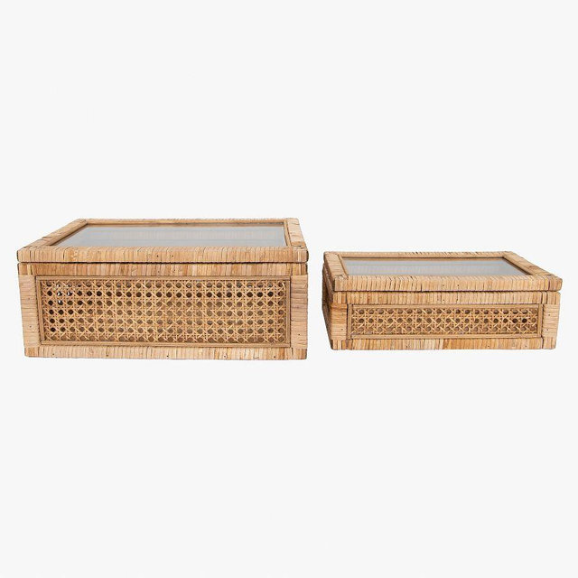 Woven Rattan and Wood Boxes, Set of 2