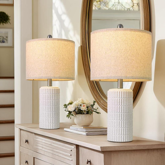 PoKat 20.75" Stone-Like Farmhouse Ceramic Table Lamps Set of 2 for Bedroom, White Bedside Lamps for Night Stands, Matte-Textured Decor Nightstand Table Lamps for Living Room End Table White