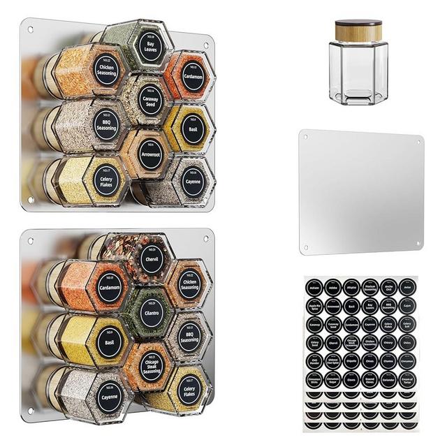 Vetacsion Set of 18 Magnetic Glass Spice Tins with 100 Preprinted Seasoning Label Stickers (Include Metal Wall-Plates)