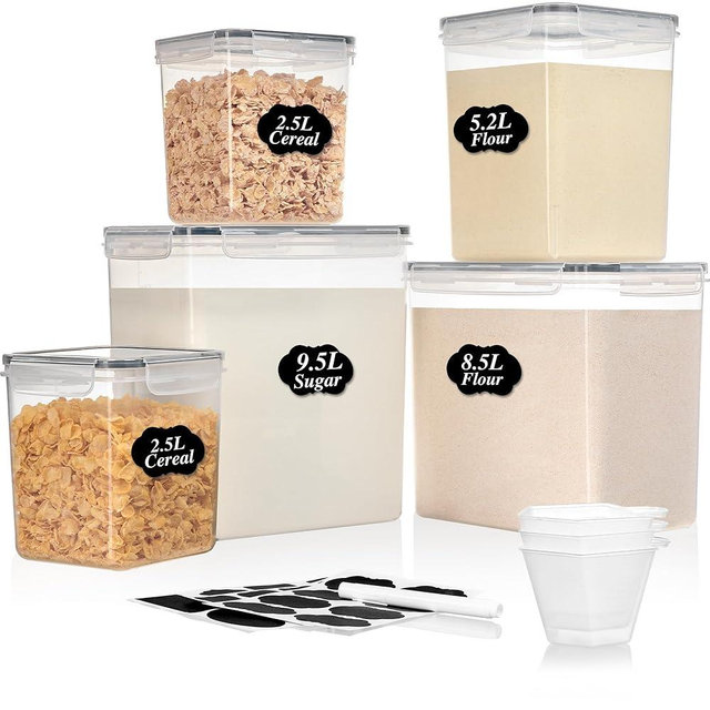 Vtopmart 5 Pack Large Flour and Sugar Storage Containers Set, Airtight Kitchen Pantry Organizers and Storage with Lids for Bulk food, Baking Supplies, BPA Free, Black