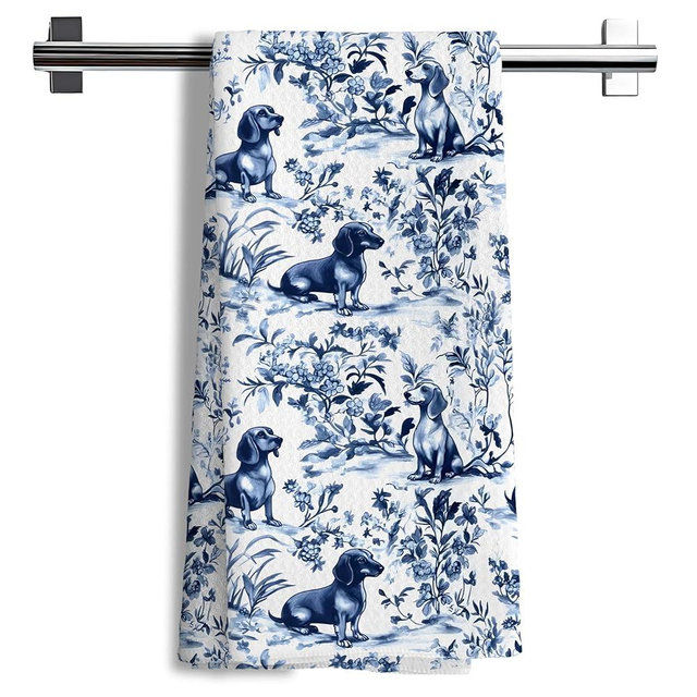 Nipil Chinoiserie Dachshund Kitchen Towels, Dachshund Gifts Decorative Dish Tea Towels, Blue and White Floral Botanical Grandmillennial Weiner Dog Hand Towels for Kitchen Bathroom, 16x24 Inch