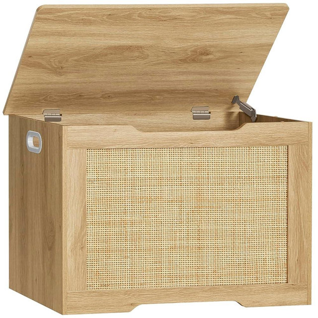 usikey 29.5” Storage Chest, Rattan Storage Bench with Storage, Toy Box with 2 Safety Hinges, Wood Rattan Bench for bedroom, Shoe Bench, Supports 220 lb, for Living Room, Entryway, Natural