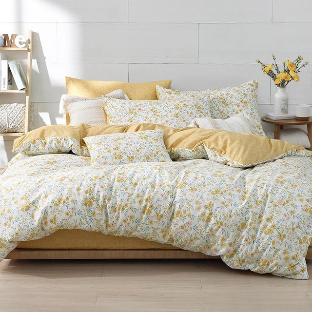 ALEISSEL Natural Cotton 3pcs Floral Comforter Sets King Size-Yellow Comforter with Pink & Yellow Flowers and Blue & Green Leaves on White, Reversible Lightweight Bedding Sets(King 104"×90")