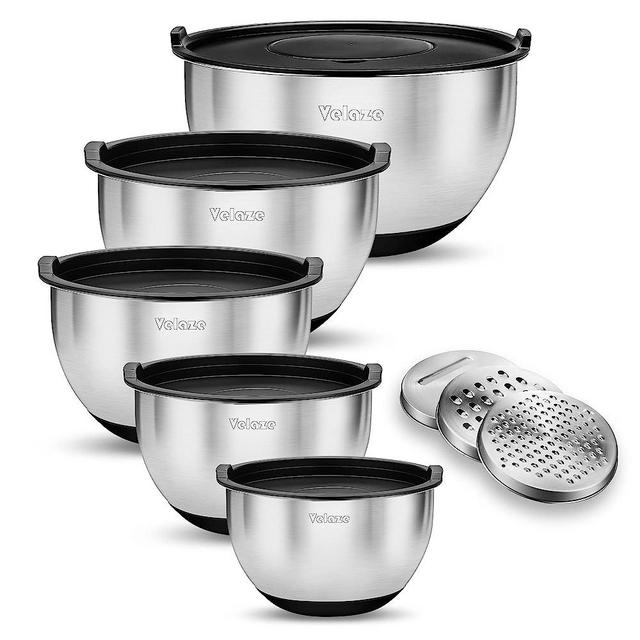 Velaze Mixing Bowls with Airtight Lids,5 Piece Stainless Steel Nesting Bowls Set,Non-Slip Silicone Bottom with 3 Grater Attachments and Measurement Marks,Size 5,3,2,1.5,1 QT for Baking&Prepping