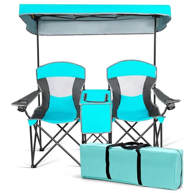 DORTALA Double Camping Chair with Canopy, 2 Person Folding Beach Chair with Canopy Shade, Table Beverage Holder and Storage Bag, Double Rocker Chair Outdoor for Camping, Beach, Picnic, Turquoise