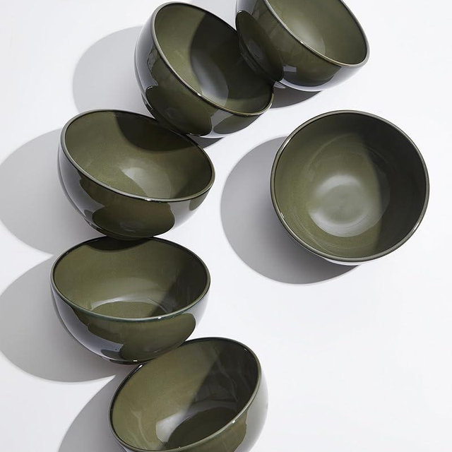 Pokini 5.3" Cereal Bowls & Dessert Bowls Set of 6-20 Oz Small Bowls for Kitchen-Ceramic Bowl for Cereal, Soup, Oatmeal, Salad, Ramen, Noodle, Rice, Yogurt-Dishwasher & Microwave Safe, Blackish Green