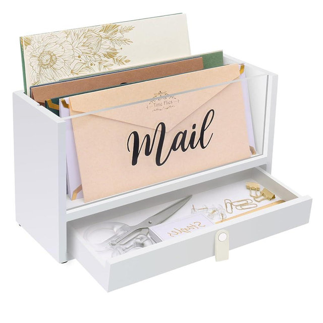 Two-Layer Solid Wooden Mail Storage Organizer Holder with Clear Acrylic Top and Bottom Drawer, Leather Handle, Keeping Mail, Bills, Letters, Cards and Office Supplies in One Place, Home Decor Gifts
