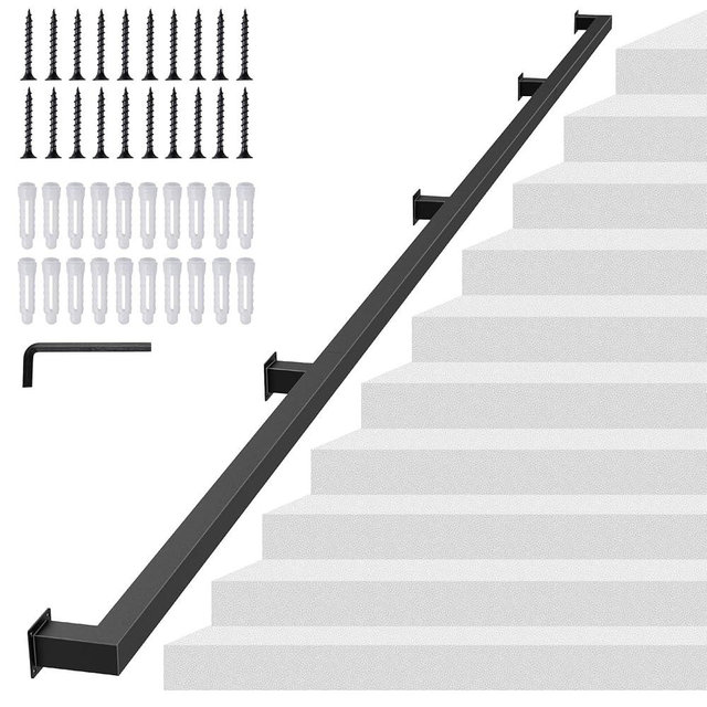 Dexcip 12FT Square Tube Handrail, Wall Mount Industrial Modern Staircase Railing for Indoor Outdoor Steps, 440lbs Load Capacity, Carbon Steel Non-Slip Grab Handle for Stairs Loft Porch, 4 Sections