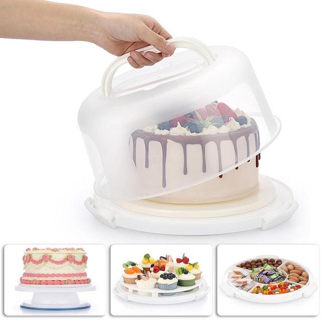BSTKEY Portable Cake Carrier with Lid and Handle, Cake Turntable + Cupcake Storage Tray for Transport, 10" Round Cake Container Holder with Two Sided Base for Pies Nuts Fruit Cookies, White