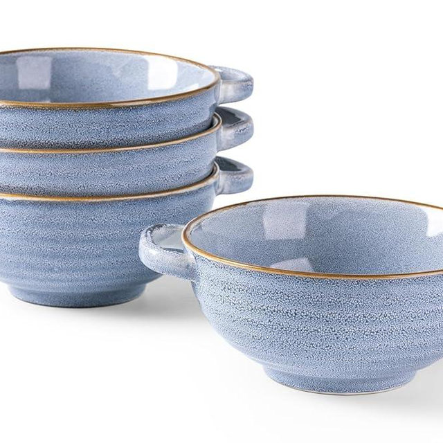 GBHOME Ceramic Soup Bowls with Double Handles, 24 OZ Soup Cups Set for Soup, Cereal, Stew, Salad, Noodles, Ramen，Microware &Dishwasher Safe, Set of 4