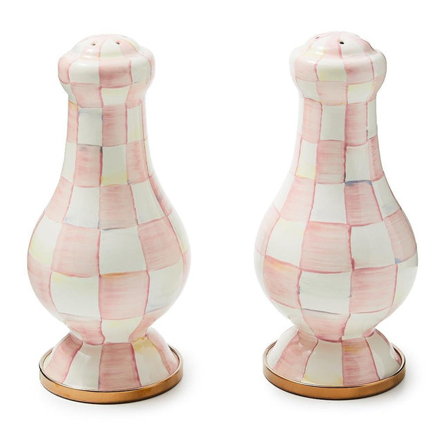 MACKENZIE-CHILDS Enamel Salt and Pepper Shakers, Kitchen Table Spice Shaker Set, Pink-and-White Rosy Check, Large