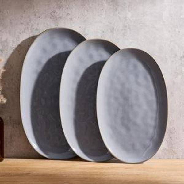 famiware Serving Platter, Oval 15.59/14.3/12.9 inch Serving Dishes for Entertaining, Serving Bowls, Microwave Safe, Fine Stonware Serving Trays for Party, Turkey, Cheese, Ocean Series, Dark Grey