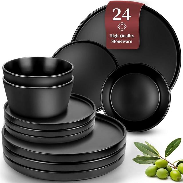 Matte Black Dinnerware Set - Ultra Chic Black Stoneware Dinnerware Sets for 8-24pcs. Matte Black Plate Set - Dishwasher and Microwave Safe - Black Plates Ceramic and Bowls - Black Dishware