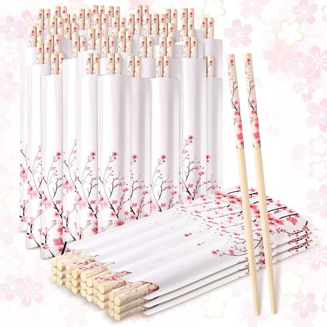 Suttmin 50 Pairs Cherry Blossom Chopsticks Bulk with Sleeved Blue Flower Disposable Bamboo Eucalyptus Chopsticks Wedding Favors Chinese Japanese Food Supply for Takeout Picnic(Cherry)