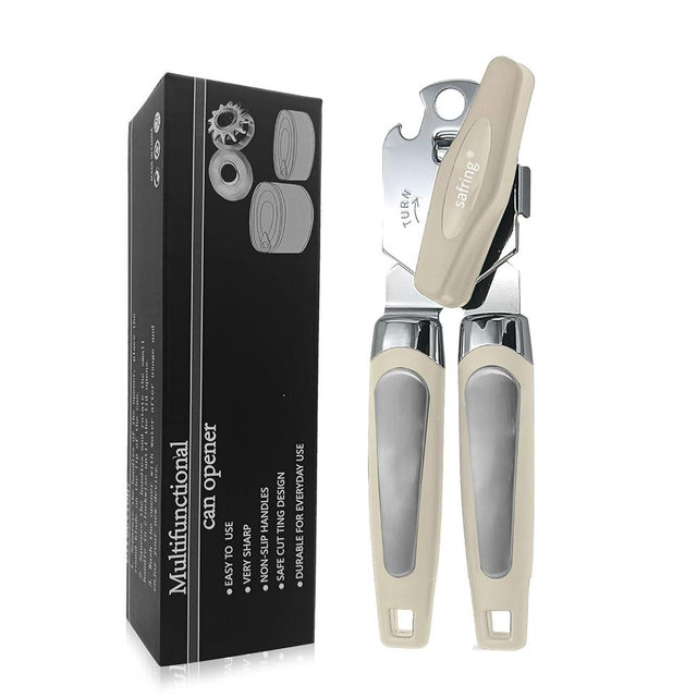 Safring Can Opener Manual, Handheld Strong Heavy Duty Stainless Steel Can Opener, Comfortable Handle, Sharp Blade Smooth Edge, Can Openers with Multifunctional Bottle Opener, Beige