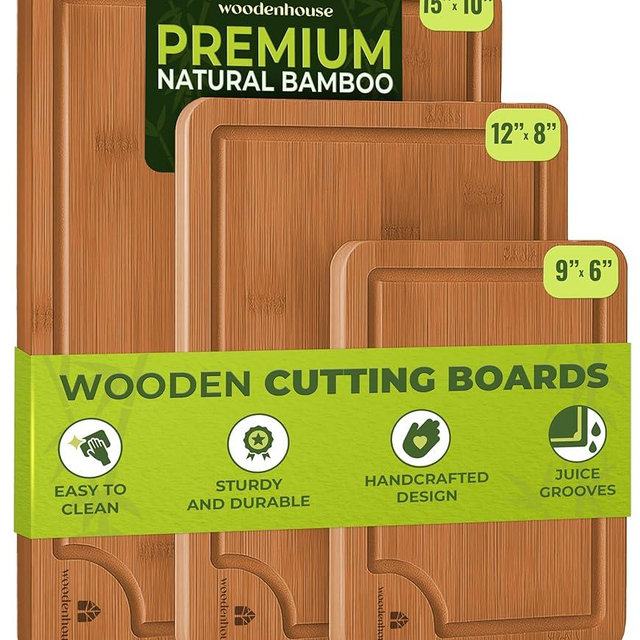 Cutting Boards for Kitchen, Wood Cutting Board - Bamboo Cutting Board Set of 3, Dark Color, Durable & Eco-Friendly, Perfect for Chopping, Serving, and Food Prep.