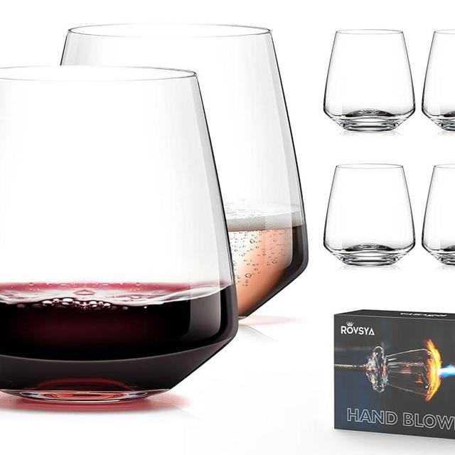 Stemless Wine Glasses Set of 6-13.5oz，Hand Blown Crystal Red White Wine Glasses - Unique gifts for him/her for wedding, birthday, Christmas, father's day, anniversary - clear.