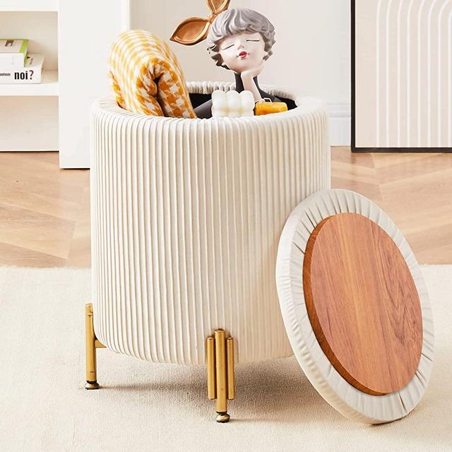 Mxfurhawa Round Ottoman Foot Stool with 23Qt Storage Velvet Footrest Stool Vanity Stool Chair Support 300lbs Modern Ottoman Coffee Table Padded Seat for Living Room Bedroom Cream