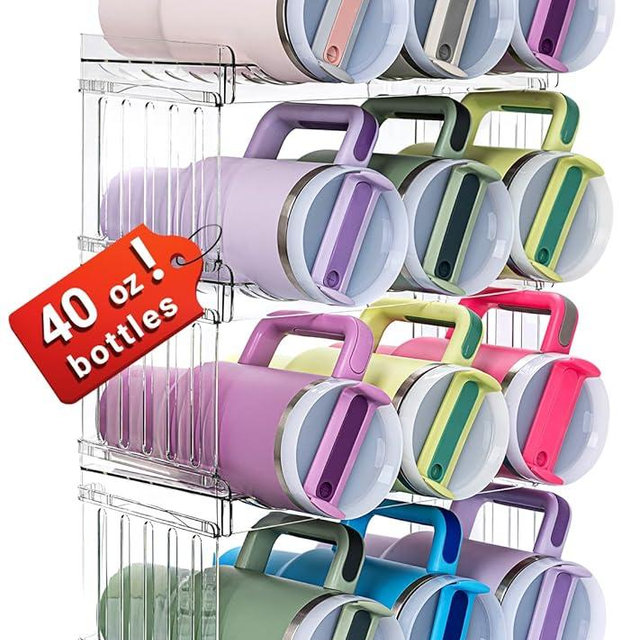 Upgraded Larger Water Bottle Holder for Stanley 40 oz Tumbler with Handle, Patented Tumbler Organizer for Stanley Cup Accessories, Pantry Organizers and Storage for Mug Cup Hold Fully 12 Bottles Gifts