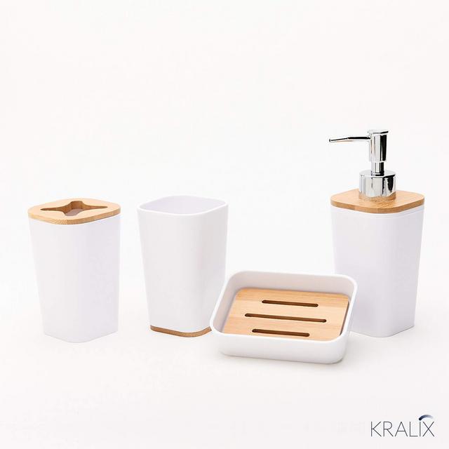 Kralix 4-Piece Bathroom Set, Accessories Includes Decorative Countertop Soap Dispenser, Dish, Tumbler, Toothbrush Holder