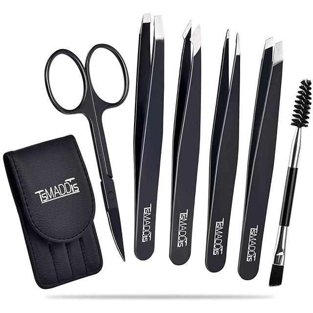 Tweezers Set and Curved Scissors, Professional Stainless Steel Tweezers for Women and Men, 6 Pack Precision Tweezers For Eyebrows for Ingrown Hair, Plucking Daily Beauty Tool with Leather Travel Case