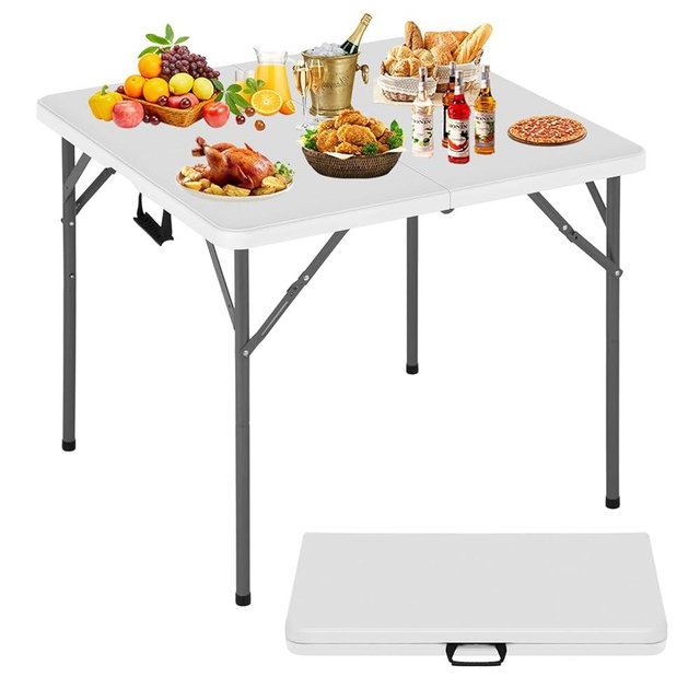 BLKMTY 34" Square Folding Card Table, Indoor Outdoor Portable Picnic Table Half Foldable Plastic Tables with Carrying Handle for Kitchen Camping Party BBQ Event, White