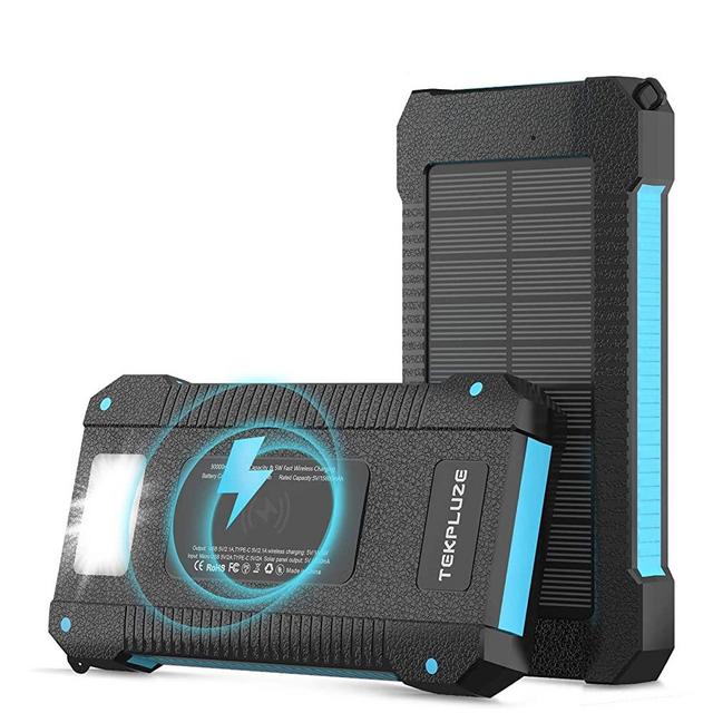 Solar Power Bank 30000 mAh, Wireless Portable Charger Solar Panel External Battery Type-C 5V Dual USB with LED Flashlight (Waterproof, Dustproof, Shockproof) Compatible with iOS & Android (Black)