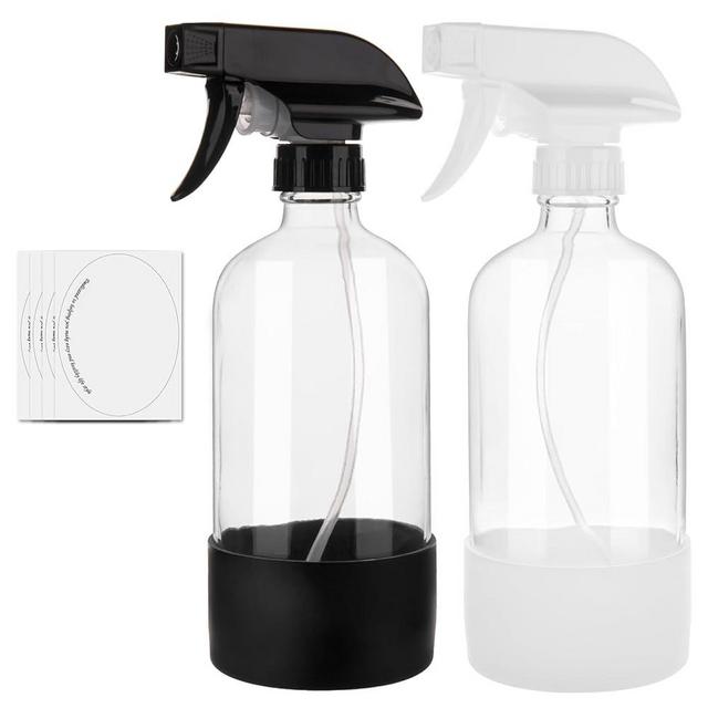 hmaimas Glass Spray Bottles for Cleaning Solutions, 16oz Reusable Clear Empty Mist Spray Bottle with Silicone Sleeve for Plants, Essential oils and Hair 2 Pack