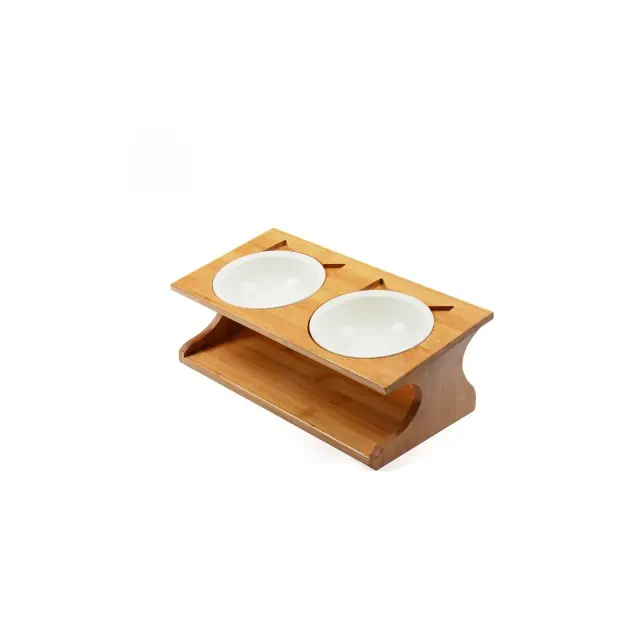 Fairela™ - Bamboo Elevated Double Cat Bowl Stand with Ceramic Bowls – Raised Pet Feeder for Cats & Small Dogs