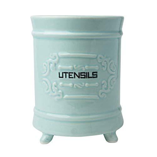 French Blue Ceramic Utensil Holder - Vintage Style Kitchen Utensil Caddy - Antique Design Cooking Utensil Organizer - Rustic French Country Utensil Crock for Cooking Enthuziast