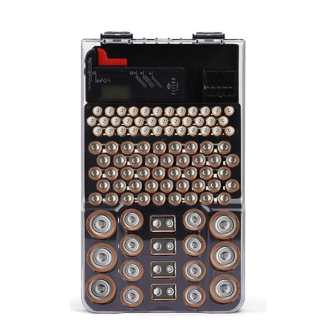 ELITRA HOME Battery Storage Organizer Case, Holds 104 Batteries AA AAA C D 9V Button, Includes LCD Battery Tester Clear