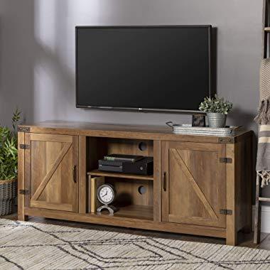 Walker Edison Farmhouse Barn Wood Universal Stand for TV's up to 64" Flat Screen Living Room Storage Cabinet Doors and Shelves Entertainment Center, 58 Inch, Reclaimed Barnwood Brown