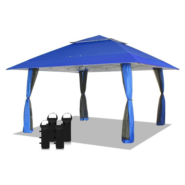 CROWN SHADES 13X13 Outdoor Pop Up Gazebo Base 10X10 Patio Gazebos Patented Center Lock Quick Setup Newly Designed Cover Bag Instant Canopy Tent with Mosquito Nettings (13x13, Blue)