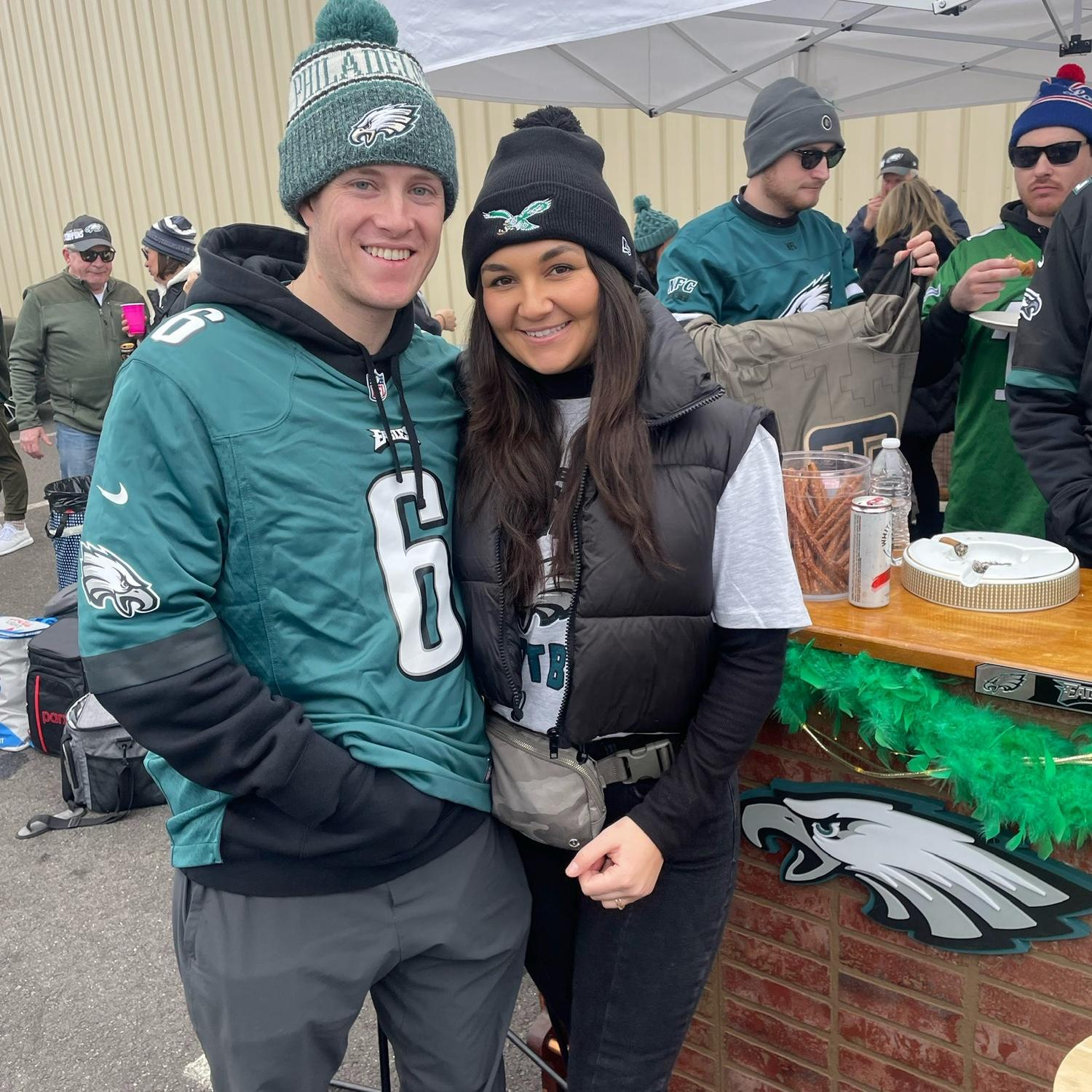 Colin convincing me to stand in the cold for Birds games!