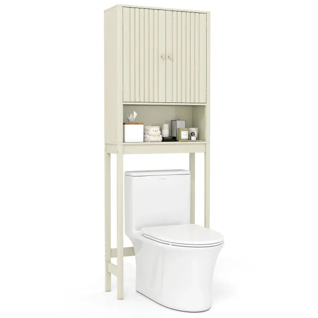 Costway 66" Over the Toilet Storage Cabinet w/Fluted Doors Adjustable Shelf & Bottom Bar Beige