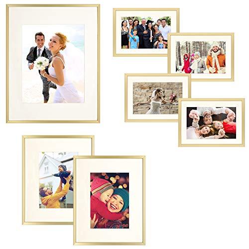 Frametory 7 Piece Gold Aluminum Wall Frame with Ivory Color Mat Set - Four 5x7 - Two 8x10 - One 11x14 - Real Glass - Swivel Tabs - Sawtooth Hangers (Gold)