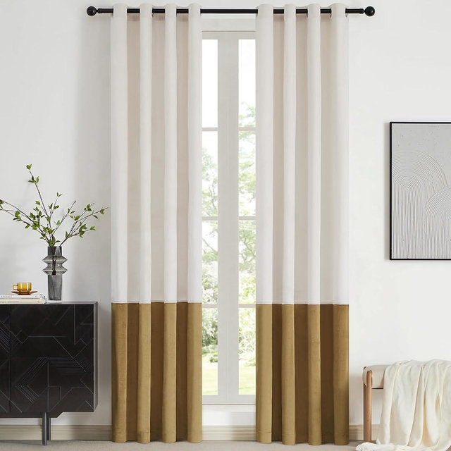 BULBUL Color Block Window Curtains Panels 72 inches Long Cream Ivory Gold Velvet Farmhouse Drapes for Bedroom Living Room Darkening Treatment with Grommet Set of 2