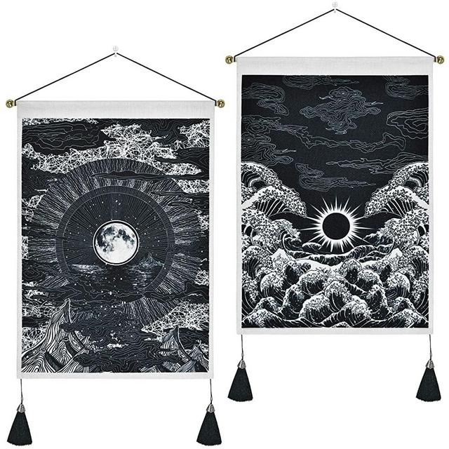 Pack of 2 Tapestry Moon and Star Tapestry Ocean Wave Tapestry Black and White Tapestries Mountain Tapestry Sunset Great Wave Tapestry Wall Hanging for Room (13.8 x 19.7 inches)