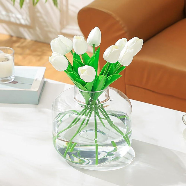 PORPAN Round Glass Vase, Clear Glass Vase, Wide Glass Vase, Large Glass Vase for Flowers, Large Flower Vase, 8 Inch Glass Flower Vase for Living Room, Dining Table, Wedding, Bookshelf, Office Decor