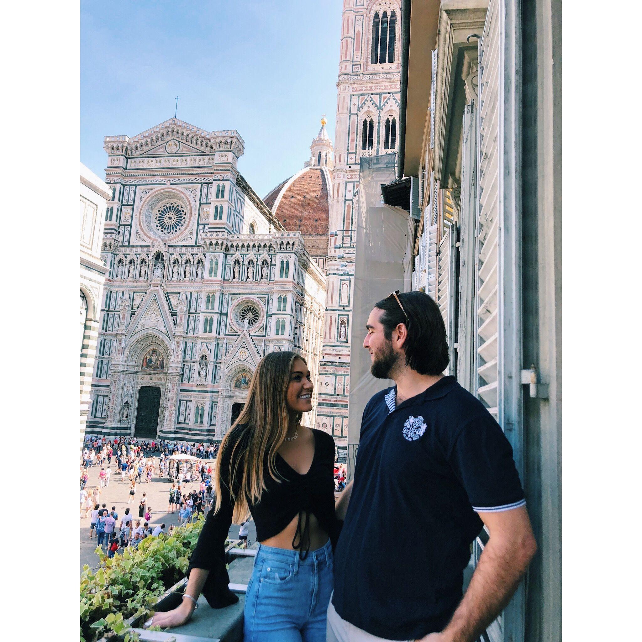 Lindsay & Ben on vacation standing on the Gucci Terrace outside of the Doumo in Florence, Italy - September 2018