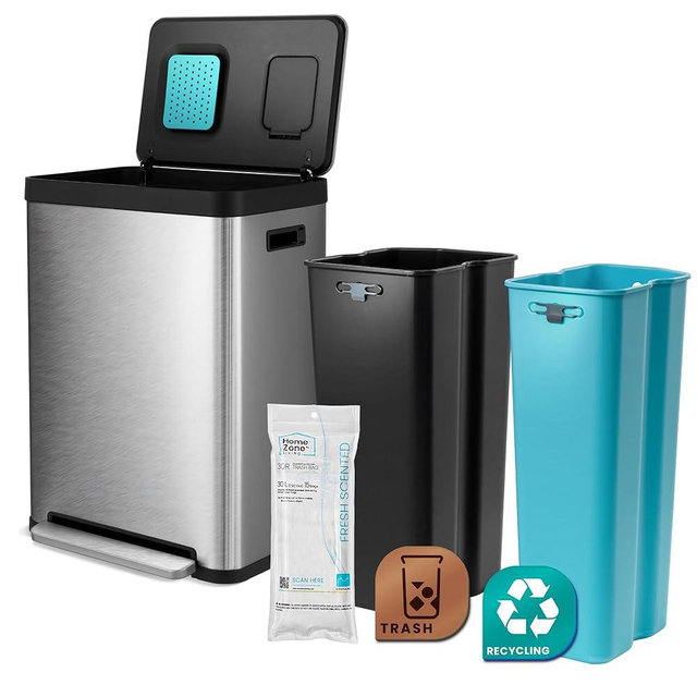 Home Zone Living 19 Gallon Kitchen Trash Can with Dual Compartments for Recycling, CleanAura Odor Control, Stainless Steel, Silver, 70 Liters Total, Gen 2
